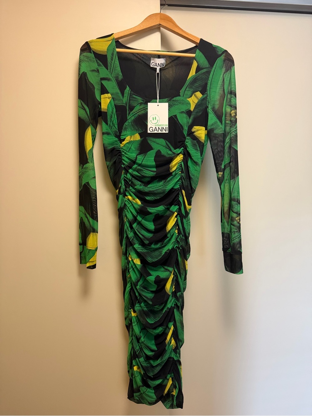 Ganni Green & Yellow Ruched Long-Sleeve Midi Dress